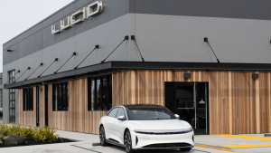 A Lucid Air pre production electric car is seen at a Lucid showroom in Millbrae, California.