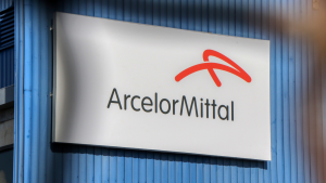 ArcelorMittal logo on a sign. MT stock.