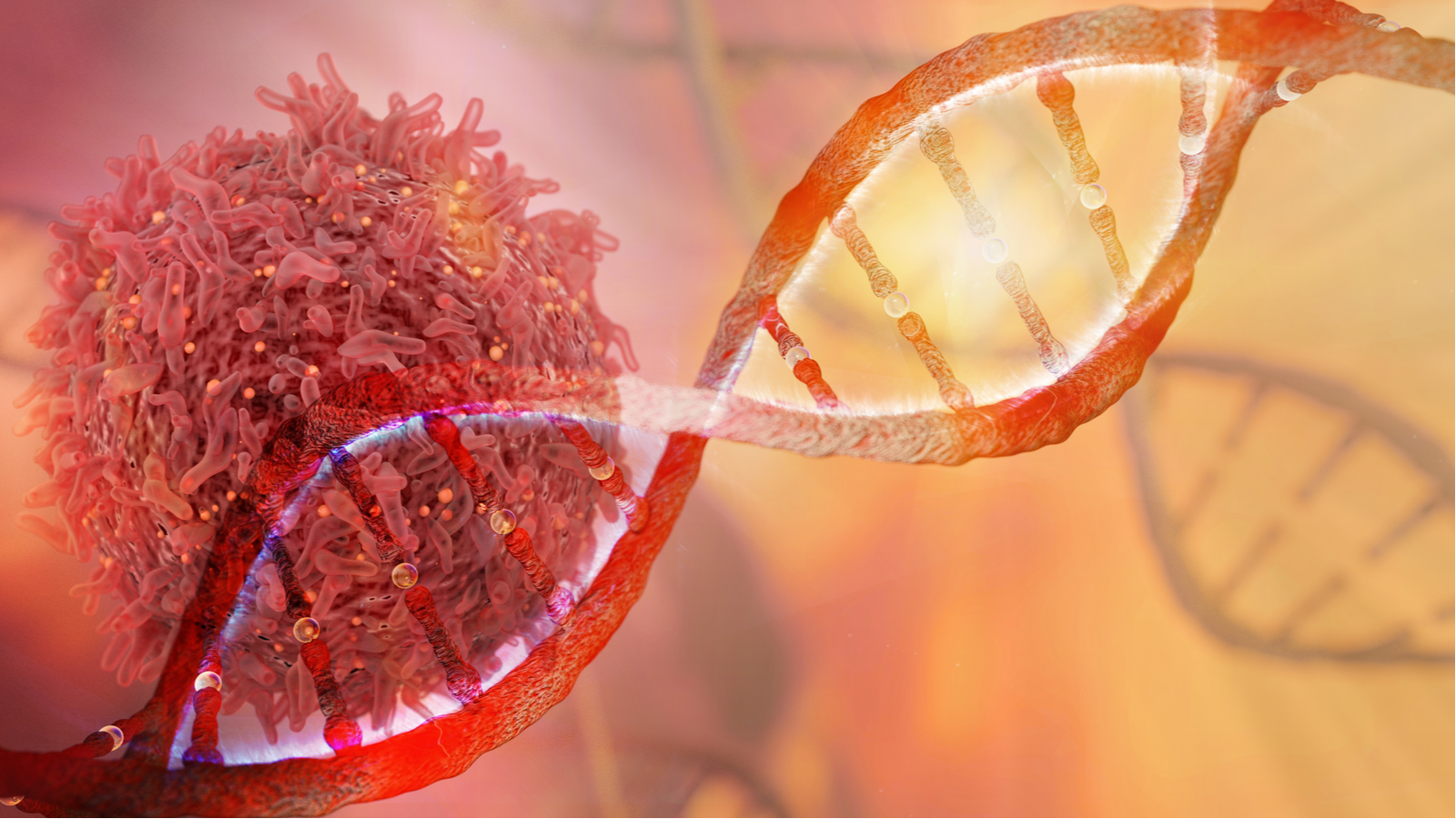 DNA strand and Cancer Cell Oncology Research Concept 3D rendering. GTHX Stock
