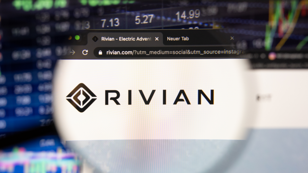 An image of the Rivian logo imposed on top of a stock graph; Rivian stock through magnifying glass