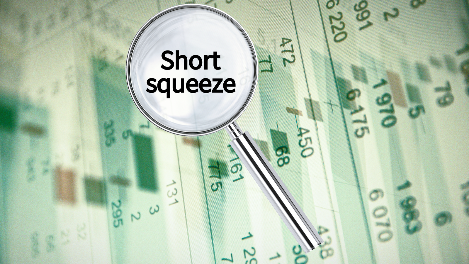 Magnifying lens over background with text Short squeeze, with the financial data visible in the background. 3D rendering., Short Squeeze Stocks