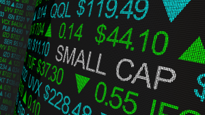 Small Cap is displayed on a Wall Street ticker board.  Small cap stocks.  Small cap stocks.