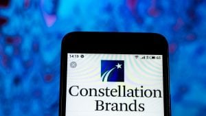 Constellation Brands logo on a phone screen in front of a blue and purple background. STZ stock.