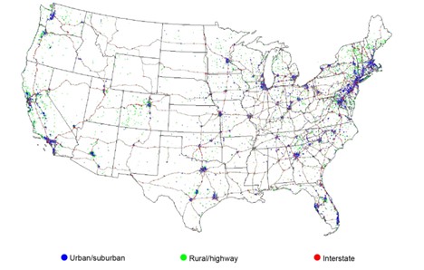 DC fast-charging infrastructure shown across U.S. map