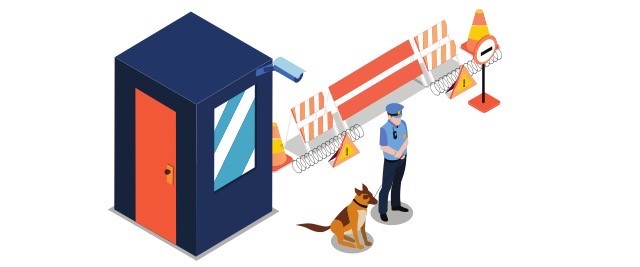 An illustration of a policeman with a dog on a leash standing at a security post.