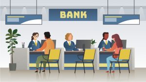 Illustration of the inside of a bank. Bank stocks.