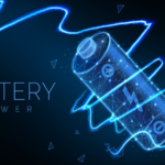 A vector illustration of a battery with neon lines swirling it; forever battery. promising battery stocks