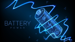 A vector illustration of a battery with neon lines swirling it;  battery forever