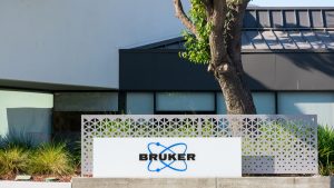 Bruker sign and logo at office of manufacturer of scientific instruments for molecular and materials research company