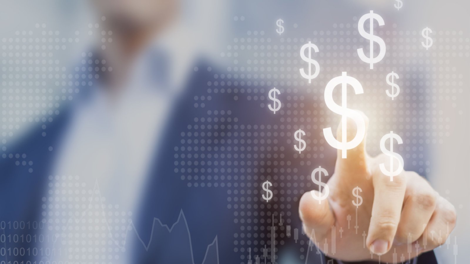 A man in a suit pointing to a dollar sign representing VRE Stock.