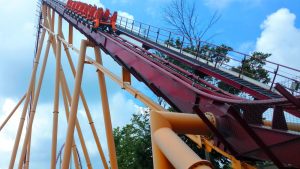 Riders at Kings Island enjoy the suspense as they head to the top of the 215 foot tall drop on Diamondback,