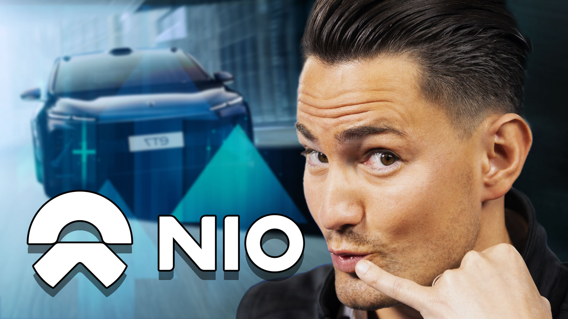 An image of Luke Lango looking at the camera with his pinky by his mouth, Nio's logo to the left; Nio stock