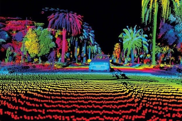 An image of the environment created with LiDAR;  trees along a street with a car driving through the center