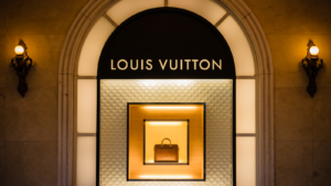 Louis Vuitton storefront featuring an LV handbag. LVMUY stock.