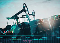 oil pumps and oil barrels with world map and financial chart graphs