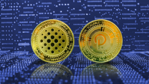 Golden Polkadot (DOT-USD) dot coin cryptocurrency on computer electronic circuit board background