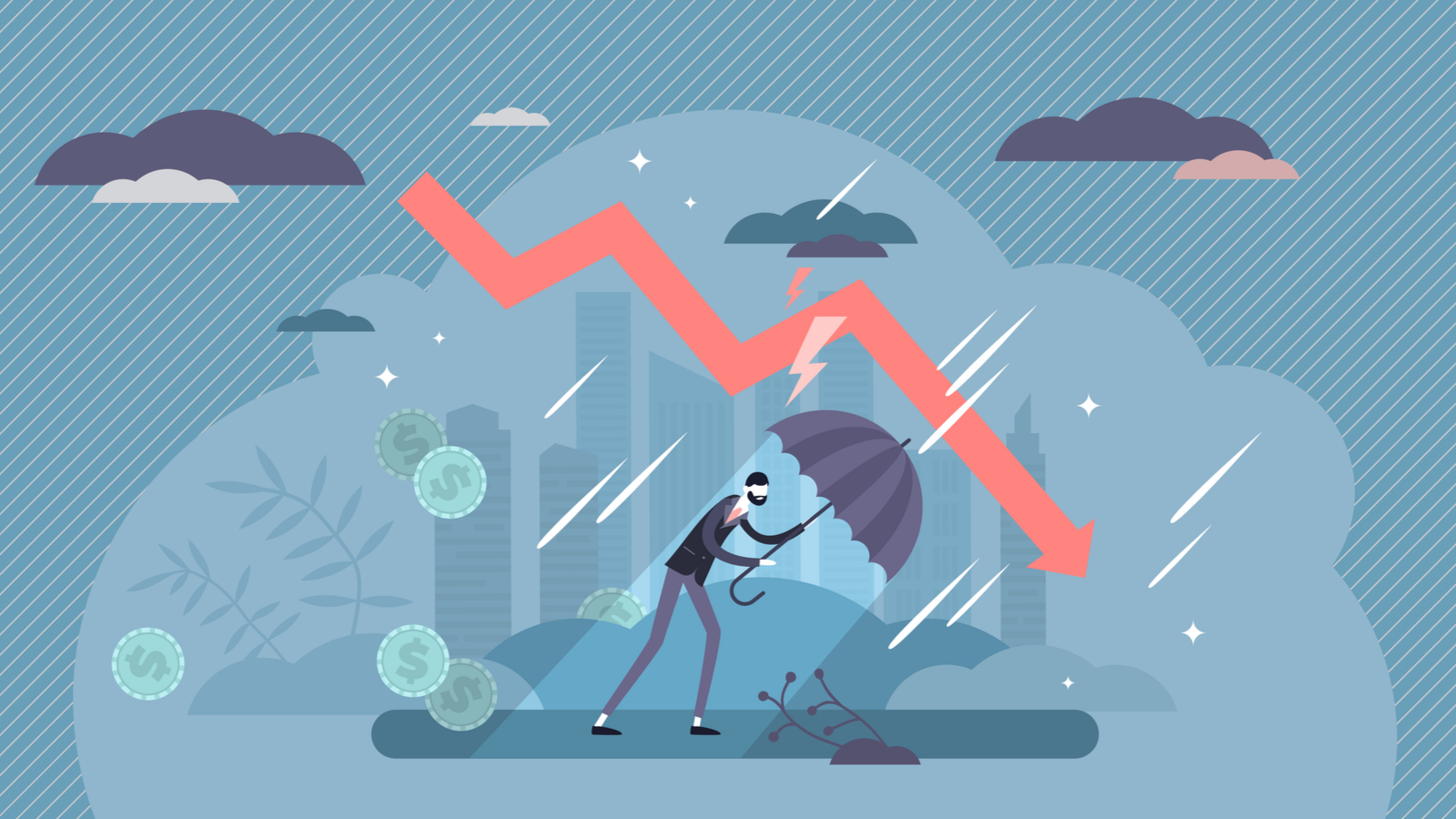 Illustration of a recession. Man in a storm with an umbrella as the markets crash.