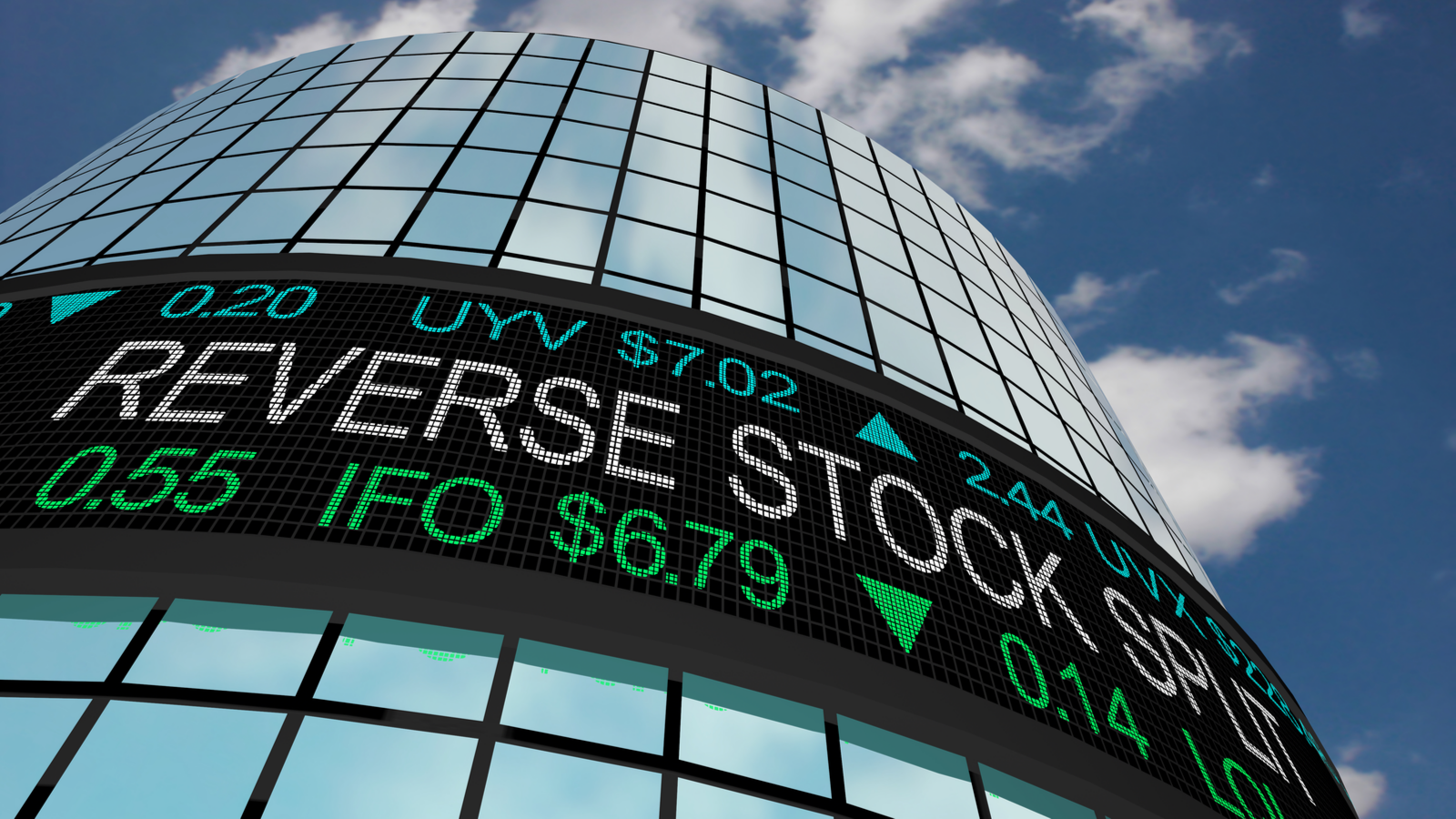 Reverse stock split on a ticker board. Reverse split. NBRV stock