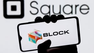 Block logo over a background with former square logo. SQ stock.