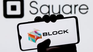 Block logo on a background with former square logo. SQ stock.