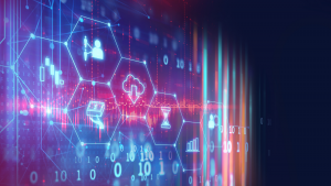 A hexagonal grid with different tech-related icons; Tech stocks illustration