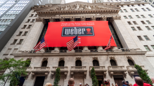 The New York Stock Exchange decorated for public trading by Weber Inc., a manufacturer of grills.  WBR Stock