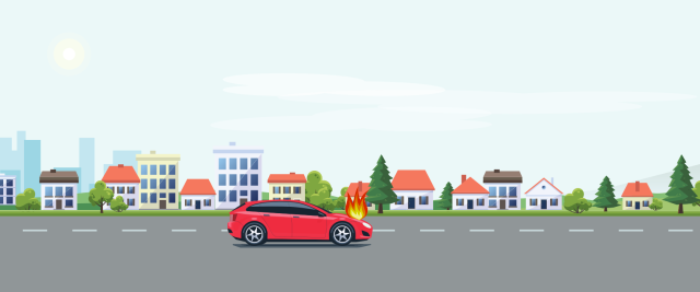 An illustration of a red car on a street. The car is on fire.
