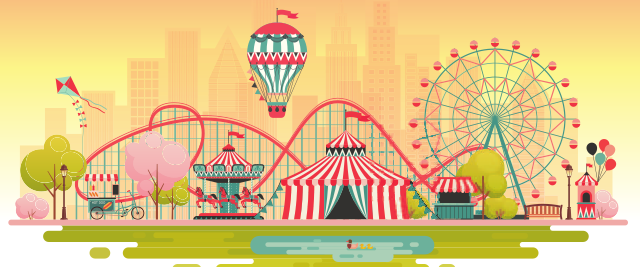 An illustration a carnival with a roller coaster, a Ferris wheel, a big tent and other decorations.