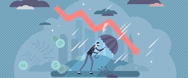 An illustration of a person holding an umbrella while rain falls. An arrow representing a stock chart appears over the person.