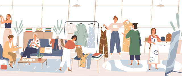 An illustration of several women comparing and trying on various outfits.