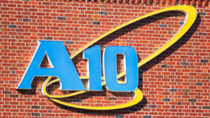 The logo for A10 (ATEN) is seen on the side of a building.