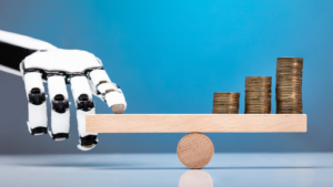 Robot Balancing Stacked Coins With Finger On Wooden Seesaw Against Blue Background; automation vs. inflation