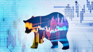 An image of a silhouette form of bear on financial stock market graph represent stock market crash or down trend investment; bear market, bear markets