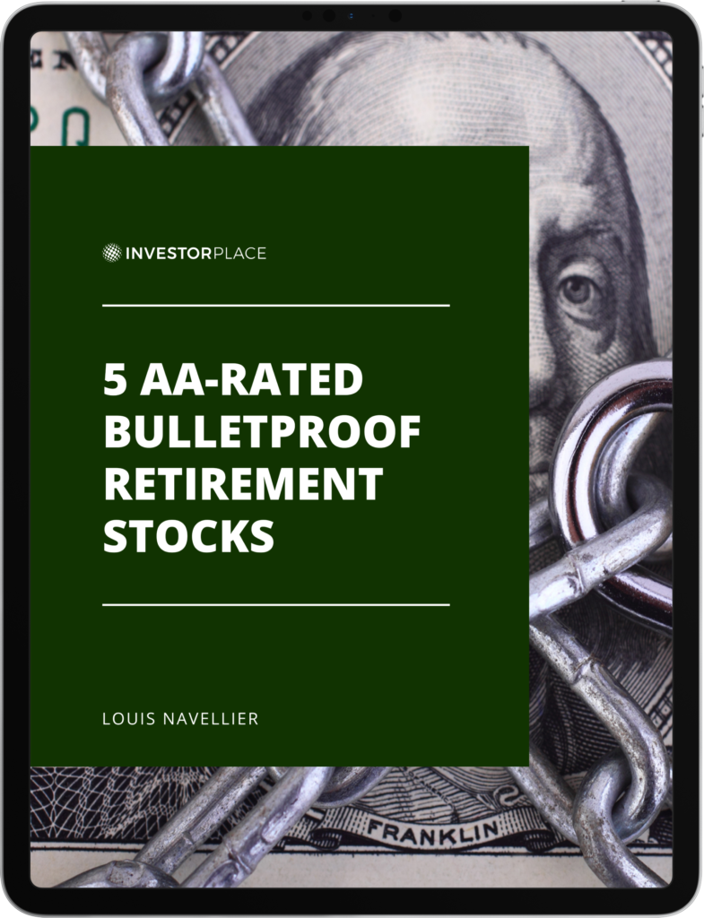 Louis Navellier's report, "5 AA-Rated Bulletproof Retirement Stocks" surrounded by a black border