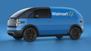 An image of a Walmart Canoo, Inc. electric delivery vehicle. (GOEV).