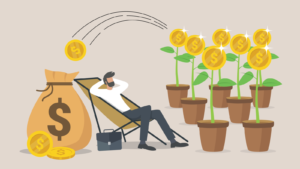 An image of a man relaxing in a chair next to a group of plants growing coins, a bag of money behind him; growth stocks. stocks to double your money