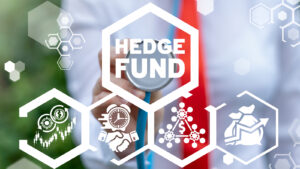 an image of a person behind a logo that says "Hedge fund" in a hexagon, with four other hexagons below that showing business-related images like money bags, a handshake and a stock chart.