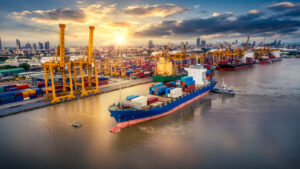 Cargo ship transporting goods. Maritime logistics. Logistics.