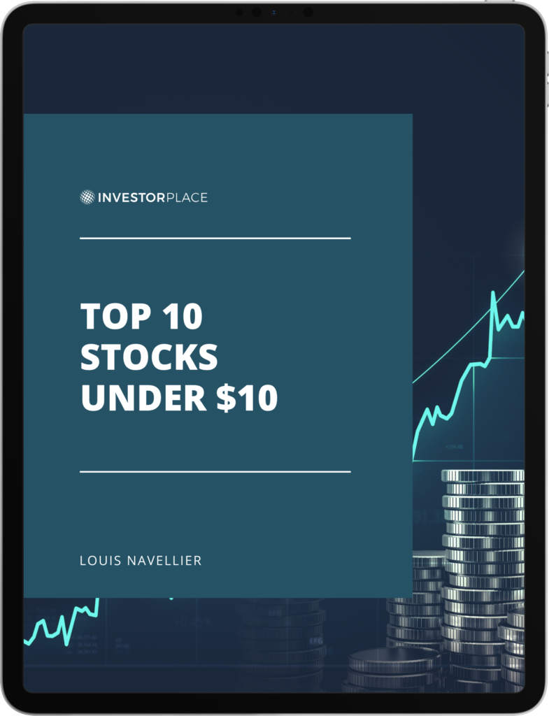 Louis Navellier's report, "The Top 10 Stocks Under $10" surrounded by a black border