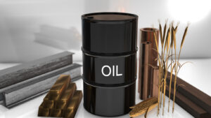 Imagem de um punhado de commodities, como ouro, petróleo, prata, cobre, milho e trigo