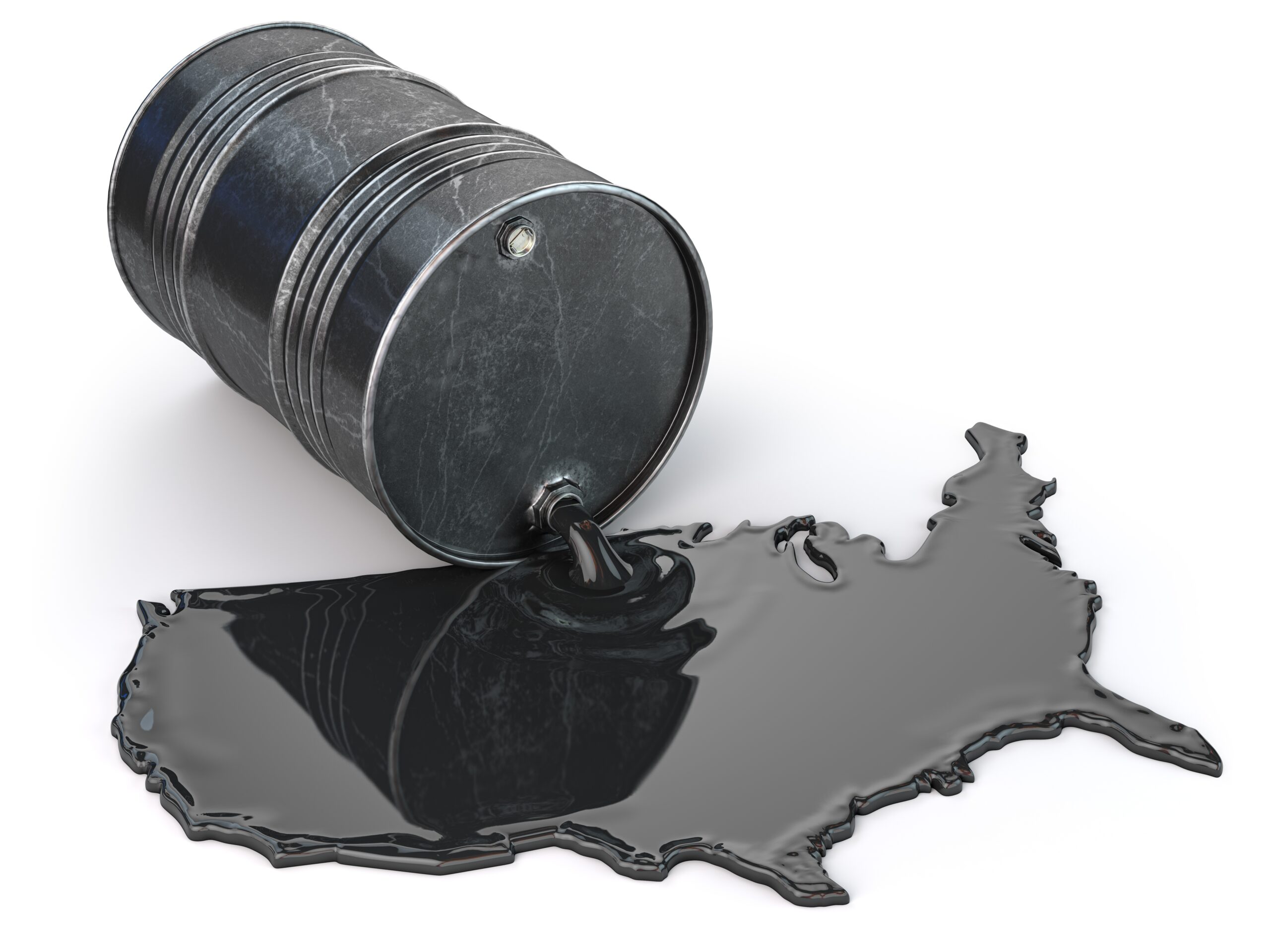 Oil barrel and spilled oil in form of United States isolated on white.