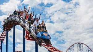 Customers riding a rollercoaster at a Six Flags park in Maryland.