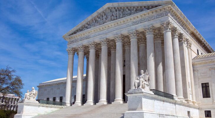 An angled view of the front of the Supreme Court building.