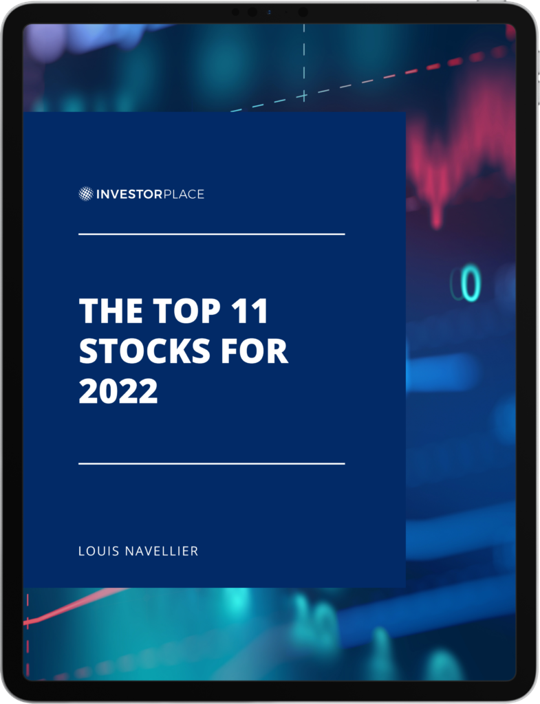 Louis Navellier's report, "The Top 11 Stocks For 2022" surrounded by a black border