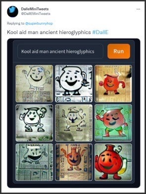 A screenshot of a tweet showing images generated by Dall-E Mini based on the prompt "Kool aid man ancient hieroglyphics."
