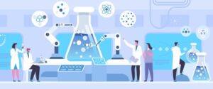 An illustration of people wearing lab coats working next to a giant beaker representing biotech and gene editing.