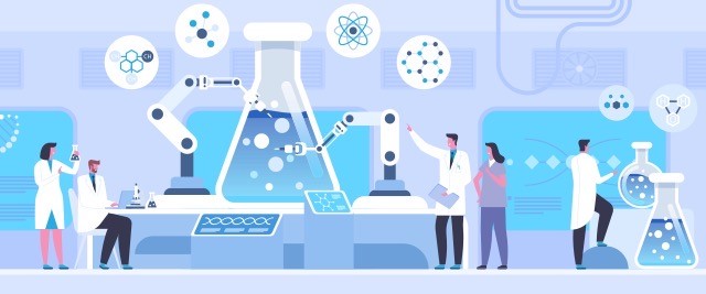 An illustration of people wearing lab coats working next to a giant beaker representing biotech and gene editing.