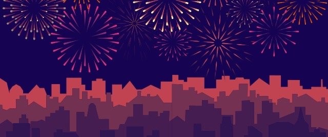 An illustration of fireworks over a cityscape.