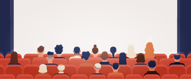 An illustration of a group of people spread throughout a movie theater.