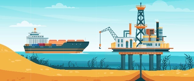 An illustration of an oil rig with a ship visible in the background.